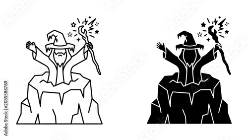 Foto Wizard on Rocky Outcrop with Magic Staff: An illustration depicting a wizard wearing a pointed hat and robe, standing atop a rocky outcrop and holding a magic staff that emits sparks and light