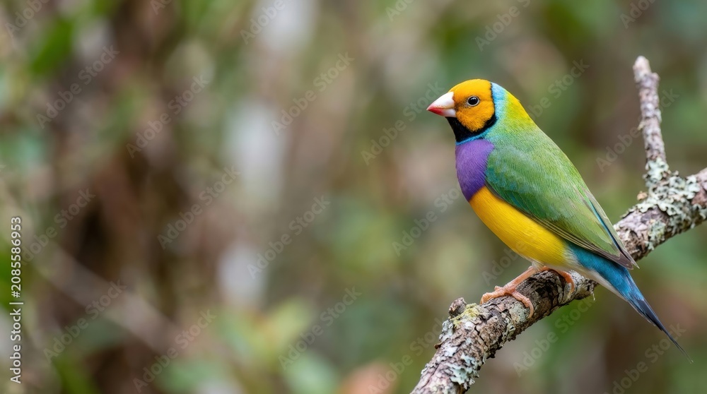 Obraz premium Gouldian finch bird perched on tree branch with vibrant colorful plumage macro photography for desktop wallpaper