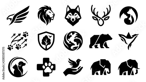 Photography Animal logo silhouette icon set featuring creative wild fauna mascot emblems for