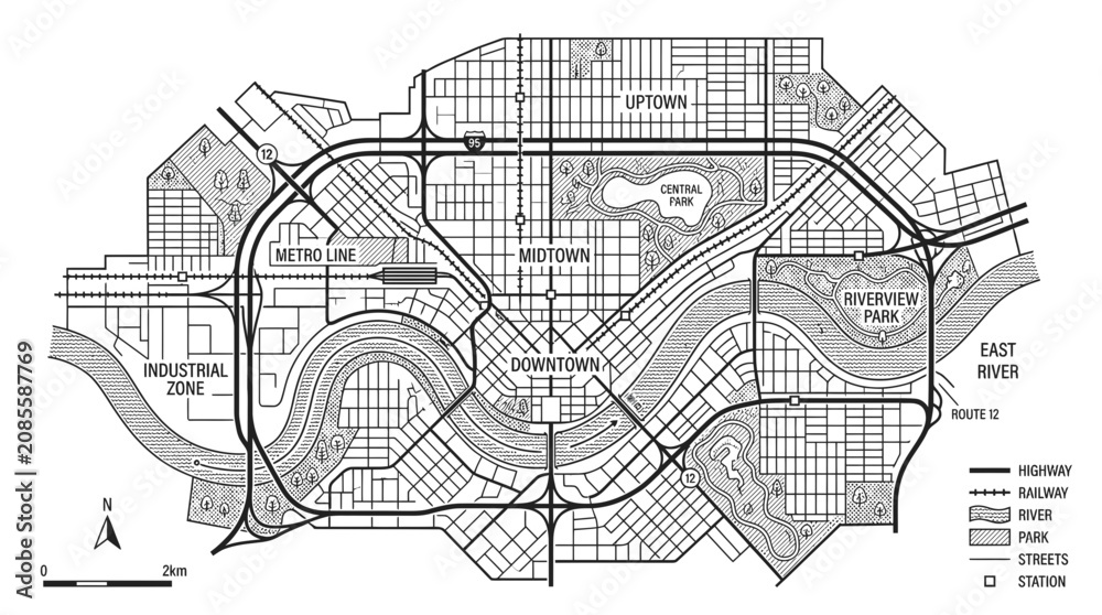 Fototapeta premium City Map with Downtown, Midtown, Uptown, Industrial Zone, and River