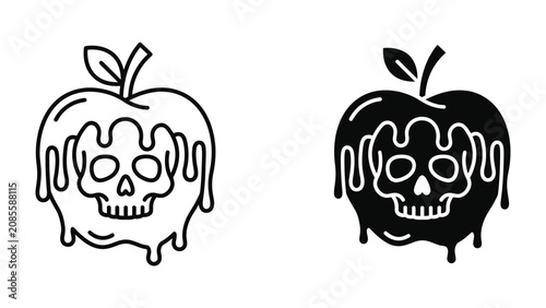 Foto Poisoned Apple Icon: Two stylized icons of an apple melting to reveal a skull within, symbolizing danger, toxicity, or forbidden fruit
