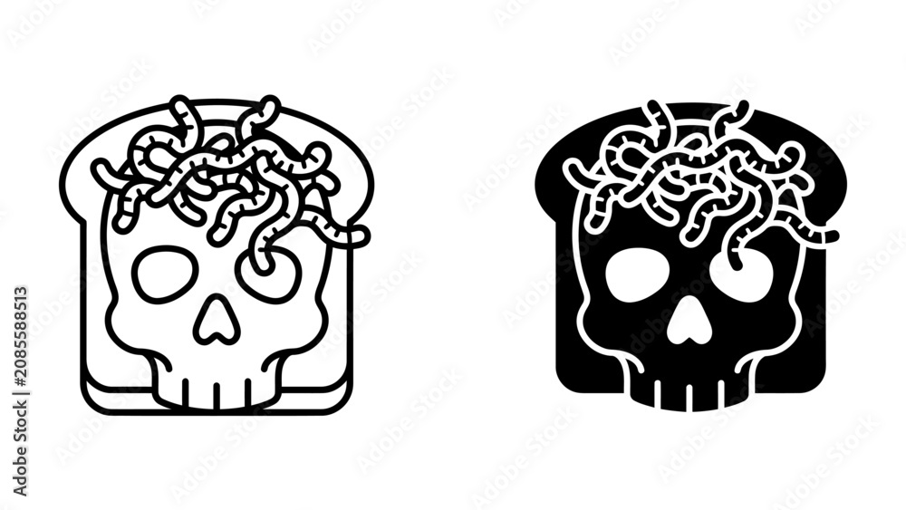 Εκτύπωση καμβά Ghastly Grub: A stylized illustration of a skull superimposed on a slice of bread, with a swarm of wriggling worms crawling out from the skull's eye sockets and over the bread's surface