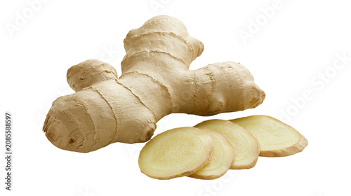 Photos Ginger root with slices, raw spice for cooking