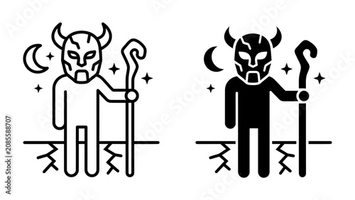 Fotografija Mystic Figure with Horns: An enigmatic figure, embodying mystery and ancient power, stands firm holding a staff under a crescent moon and starry sky