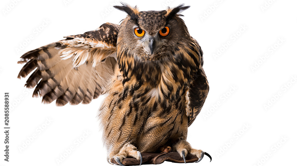 Obraz premium Eurasian Eagle Owl with open wing and bright orange eyes