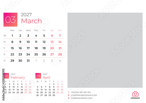 Konstfotografi March 2027 Modern Calendar Planner Monday Start Vector Illustration Printable Te