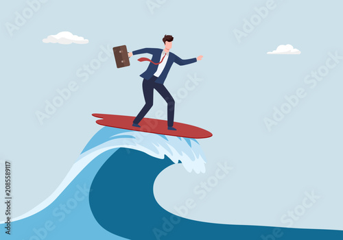 Canvas Print Expert businessman surfing or riding wave to success direction, illustrating following business trends and momentum