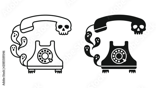Obraz na plátně Haunted Retro Telephone Illustration: A spooky, vintage rotary phone is depicted with a skull replacing the handset and ghostly figures emerging from the cord