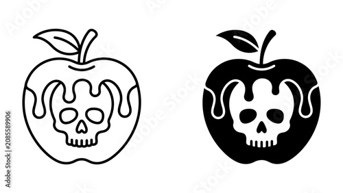 Obraz na płótnie Poisoned Apple Icon Set: A set of stylized apple icons, one outlined and one solid black, depicting a melting apple with a skull and crossbones symbol, representing danger or poison