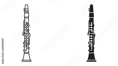 Photos Clarinet Illustration Set: A clear illustration showcasing two clarinets, one in outline and another in solid black silhouette, representing the musical instrument