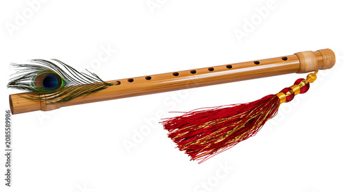 Photos Bamboo flute with peacock feather and red tassel