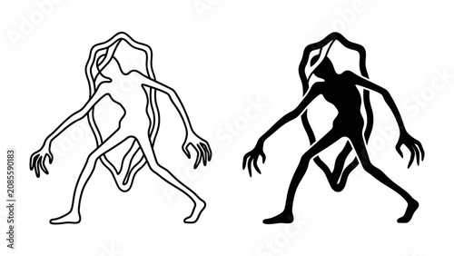 Bild auf Leinwand Eerie Silhouette: Two stylized figures, one outlined and one a stark silhouette, stand in a menacing pose, hinting at mystery and the unknown