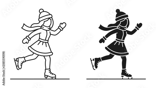 Fotografía Ice Skater Illustration: A stylized illustration of a young girl ice skating, depicted in both outline and silhouette form, capturing the essence of winter fun and sport