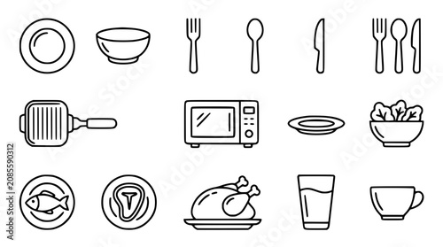 Fotografie Kitchen utensil line icon set with dinnerware cutlery microwave pan plate bowl a