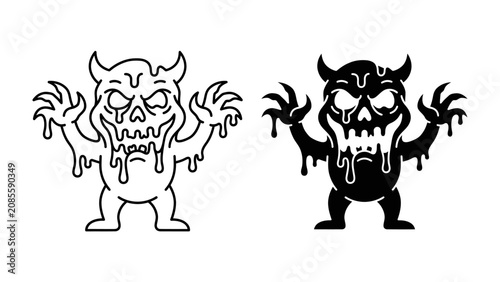 Canvastavla Horror Monster Icon: A monstrous creature, depicted in both line art and silhouette, with dripping slime, sharp claws, and menacing horns, embodies a terrifying Halloween or horror theme
