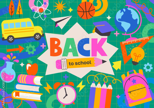 Canvas Print Welcome back to school banner with school stationery elements-pencils,books,globe,clock,accessories for sports and creativity