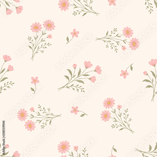 Wildflower seamless floral pattern with delicate pink blossoms and botanical branches on soft cream background, elegant vintage textile design for fabric, wallpaper and wrapping paper.