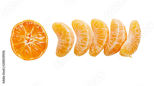 Fotografie Orange slice and segments with juicy pulp and white pith