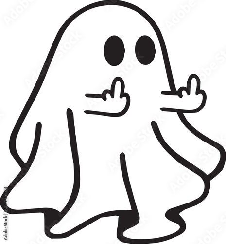 Cute Ghost Flipping Off, Halloween Cartoon Character, Funny Spooky Vector