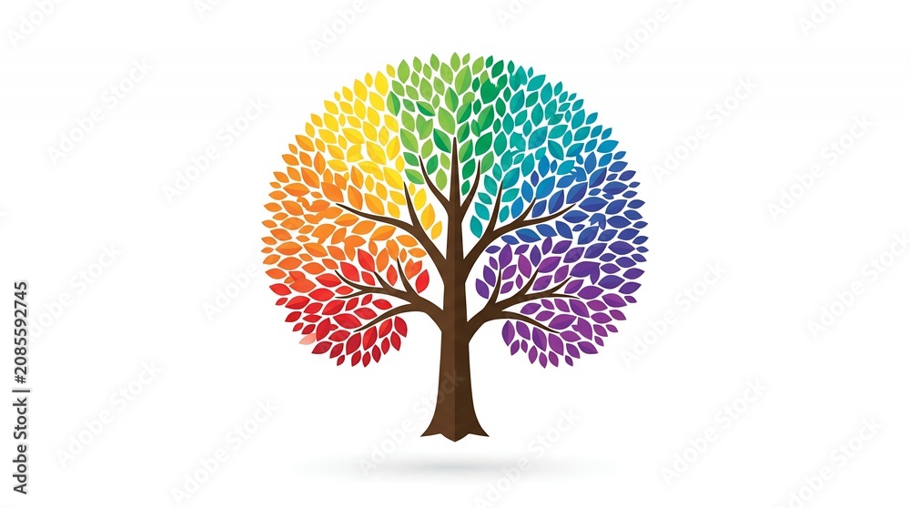 Naklejka premium Colorful Tree Vector with Rainbow Colored Leaves Representing Growth Diversity and Environmental Sustainability