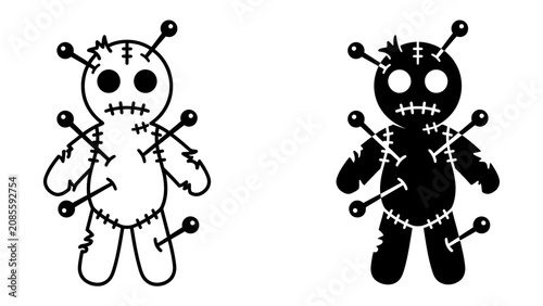 Obraz na plátně Voodoo Doll Duo: A set of two stylized voodoo dolls, one in outline and the other in solid silhouette, both pierced with pins, symbolizing ancient magic and mystique