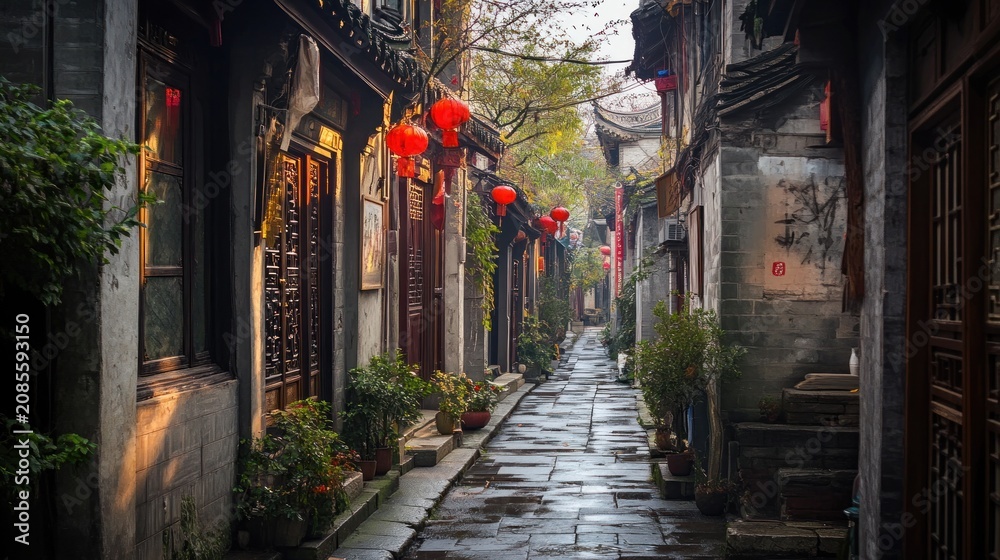 Fototapeta premium Ancient Chinese alleyway. Sunlight filters through the trees illuminating the narrow path. Red lanterns hang along the buildings. Tranquil and serene