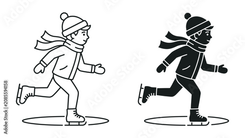 Fotografi Winter Ice Skating Duo: Two stylized figures, one in outline and the other in silhouette, gracefully ice skate during winter, showcasing both clarity and contrast of the activity