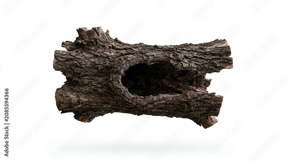 Obraz premium Natural weathered hollow tree log with rough aged brown bark texture isolated on white background element