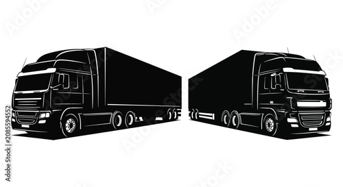 Foto Two Semi truck Silhouettes With Trailers Black And White Graphic