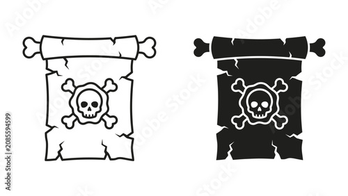 Bild auf Leinwand Pirate Skull and Crossbones Scroll: Two aged scrolls, one in black and white and the other in silhouette, display the iconic pirate skull and crossbones symbol, representing danger and adventure