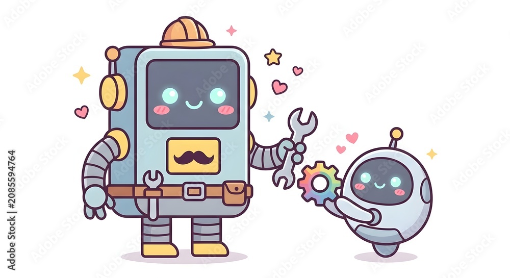 Naklejka premium Cute mechanic robot and small assistant working together