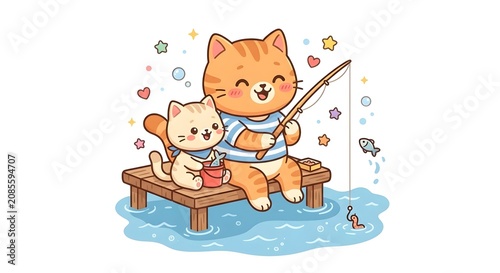 Happy ginger cat and kitten fishing together on a dock
