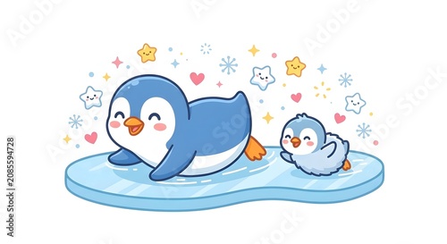 Happy penguin parent and baby sliding on a blue ice floe