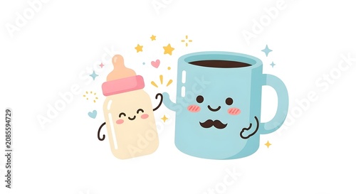 Happy baby bottle and coffee mug celebrating parenthood together