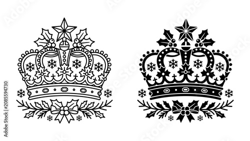 Cuadro en lienzo Regal Christmas Crowns: Two intricate crowns adorned with festive holly, snowflakes, stars, and bows, symbolizing royalty and the holiday spirit in both outline and filled design