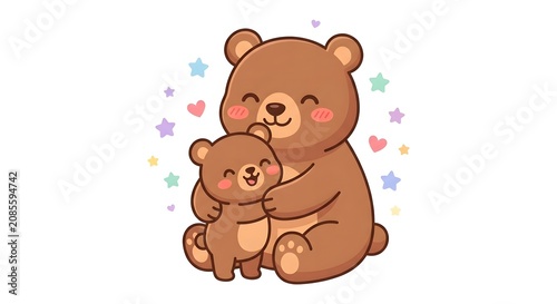 Happy brown bear hugging a little cub with colorful stars and hearts
