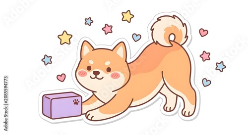 Playful kawaii shiba inu dog with colorful stars and a toy box