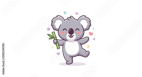 Happy kawaii koala holding bamboo stalk and dancing