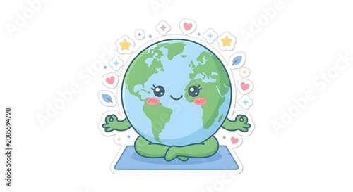 Kawaii earth globe sitting in yoga meditation pose with a smile