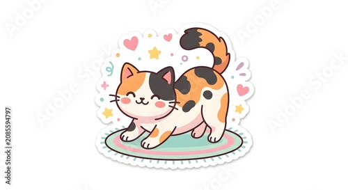 Playful calico kitten on a rug surrounded by hearts and stars