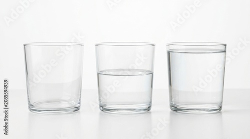 Three glasses demonstrating different water levels, empty, half full, and completely full, on a clean white background representing optimism and pessimism concepts.