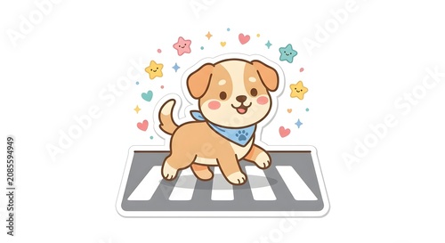 Cute kawaii puppy walking on a crosswalk sticker