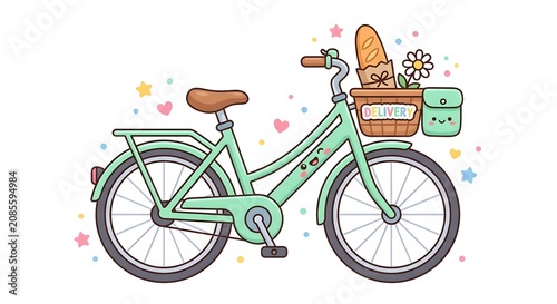 Kawaii mint green delivery bicycle with bread and flowers