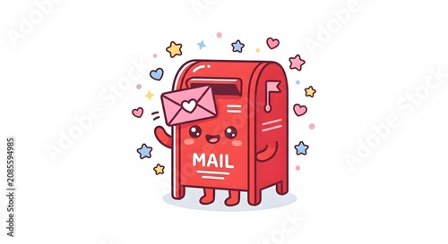 Kawaii red mailbox character holding a pink love letter with stars