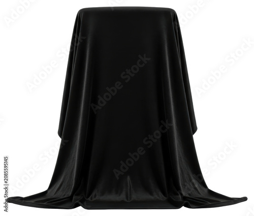 Black silk fabric covering object for launch cutout on transparent background