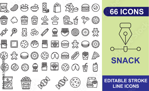 Snack Food Icons Collection Black Line Art On White Background