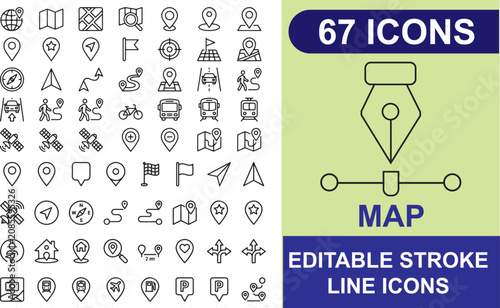 Collection Of Line Icons Featuring Navigation People And Transportation