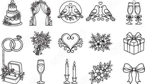 Wedding Elements Line Art Icons On White Background