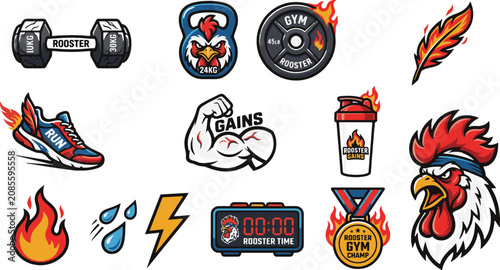Fitness themed Vector Illustrations With Rooster Motifs And Gym Equipment