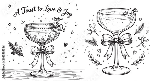 Champagne coupes with ribbons hand drawn vector illustration